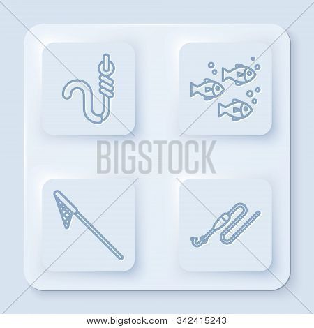 Set Line Fishing Hook And Worm, Fish, Fishing Net And Fishing Line With Hook And Float. White Square