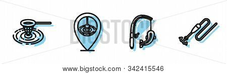 Set Line Fishing Rod And Fish, Fishing Net In Water, Location Fishing And Fishing Line With Hook And