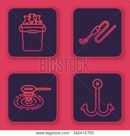 Set Line Fishing Bucket With Fishes, Fishing Net In Water, Fishing Line With Hook And Float And Fish