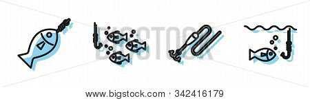 Set Line Fishing Line With Hook And Float, Fish On Hook, Fishing Hook Under Water With Fish And Fish