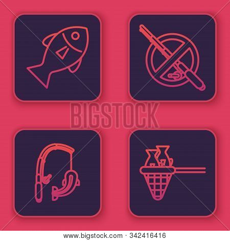 Set Line Fish, Fishing Rod And Fish, No Fishing And Fishing Net With Fish. Blue Square Button. Vecto