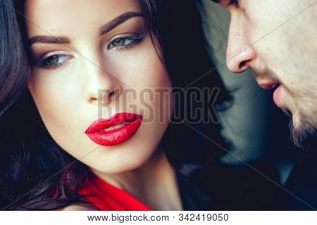 Sensual Woman With Red Lips Listening Man Words Closeup