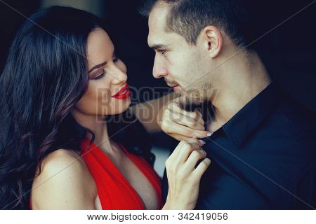 Tempting Milf Woman In Red Undress Sexy Young Man Shirt, Cinematic Style