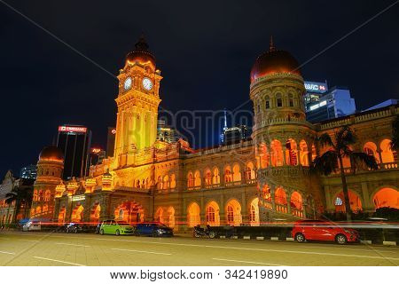 Kuala Lumpur, Malaysia - November 8, 2019: Night Scene Of Sultan Abdul Samad Building In Kuala Lumpu