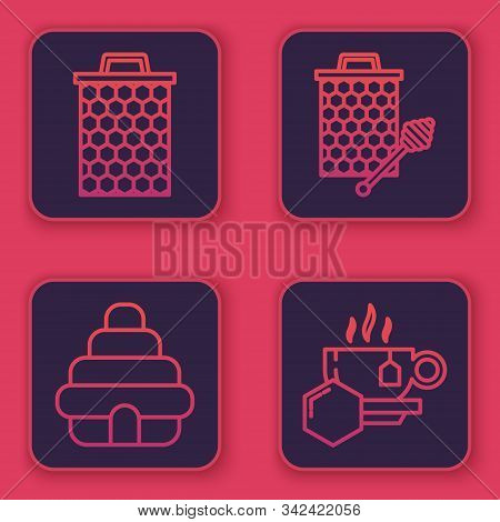 Set Line Honeycomb, Hive For Bees, Honeycomb With Honey Dipper Stickicon And Cup Of Tea With Honey. 