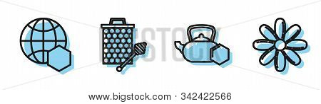 Set Line Tea Kettle With Honey, Honeycomb Map Of The World, Honeycomb With Honey Dipper Stickicon An