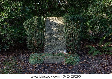Hamburg, Germany - November 9, 2019: Tomb Stone In Ohlsdorf Cemetery In The Morning In Hamburg City,
