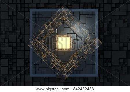 Luminous Cube And Circuits, Black Cubes, 3D Rendering.