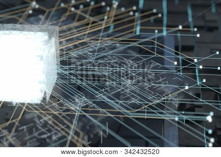 Luminous Cube And Circuits, Black Cubes, 3D Rendering.