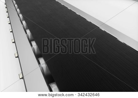 Black Moving Conveyor Belt , Black Background, 3D Rendering.