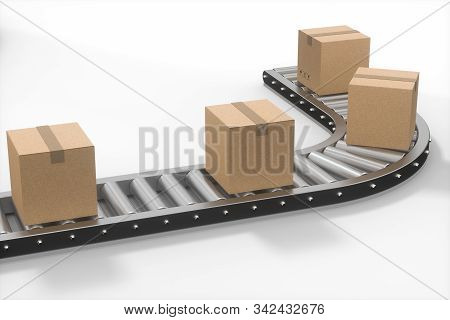 Boxes Moving On The Conveyor Belt, 3D Rendering.