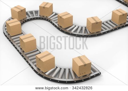 Boxes Moving On The Conveyor Belt, 3D Rendering.