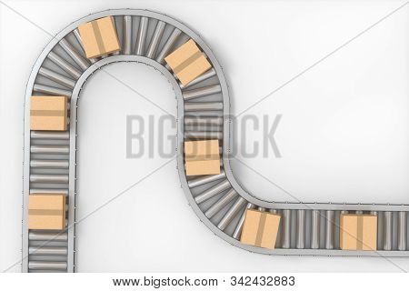 Boxes Moving On The Conveyor Belt, 3D Rendering.