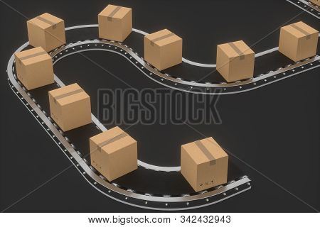 Boxes Moving On The Conveyor Belt, 3D Rendering.