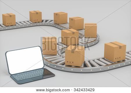 Boxes Moving On The Conveyor Belt, Laptop And Conveyor Belt ,3D Rendering.