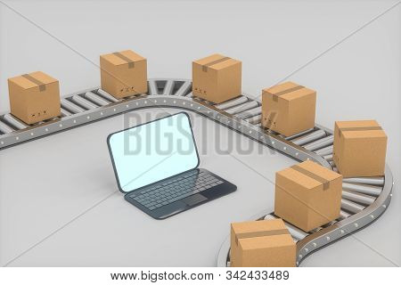 Boxes Moving On The Conveyor Belt, Laptop And Conveyor Belt ,3D Rendering.