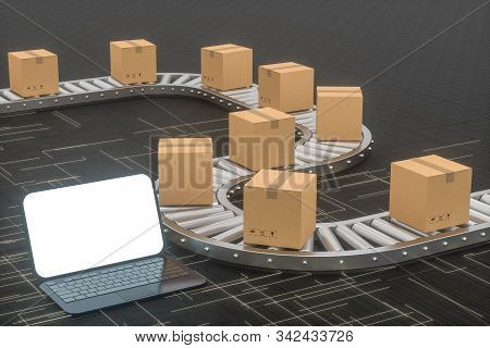 Boxes Moving On The Conveyor Belt, Laptop And Conveyor Belt ,3D Rendering.