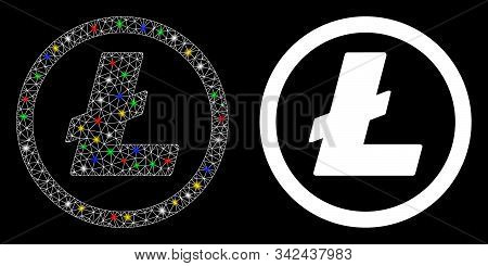 Glowing Mesh Litecoin Coin Icon With Glare Effect. Abstract Illuminated Model Of Litecoin Coin. Shin