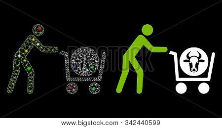 Glossy Mesh Beef Purchase Icon With Glare Effect. Abstract Illuminated Model Of Beef Purchase. Shiny