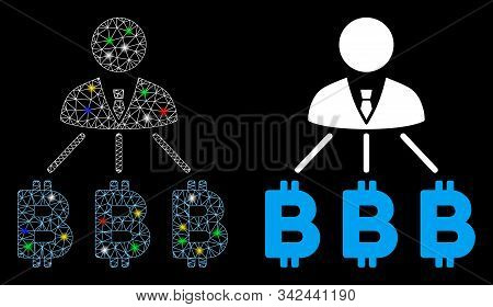 Glowing Mesh Businessman Bitcoin Expences Icon With Glow Effect. Abstract Illuminated Model Of Busin
