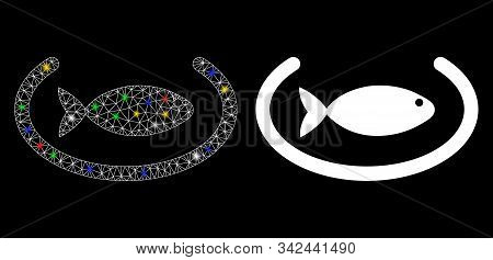 Flare Mesh Fish Container Ring Icon With Lightspot Effect. Abstract Illuminated Model Of Fish Contai