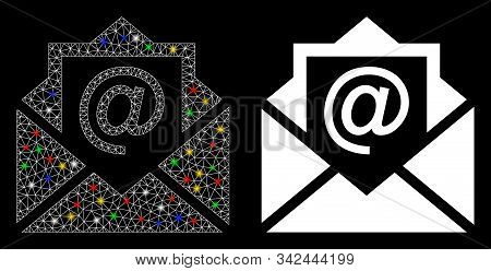 Glowing Mesh Email Icon With Lightspot Effect. Abstract Illuminated Model Of Email. Shiny Wire Frame