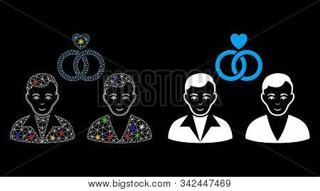 Glowing Mesh Gays Marriage Icon With Glare Effect. Abstract Illuminated Model Of Gays Marriage. Shin