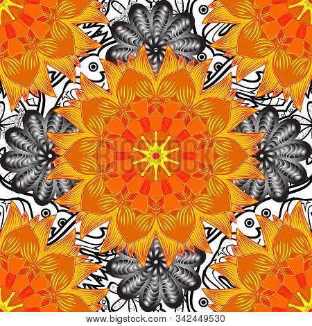 Doodle Flowers Seamless Pattern. Vector Pattern. Art Inspiorange, Yellow And Gray Style Flowers And 