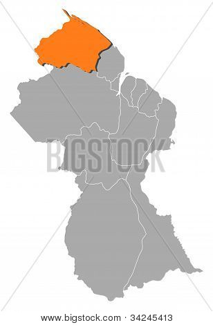 Kort over Guyana, Barima-waini fremhævet