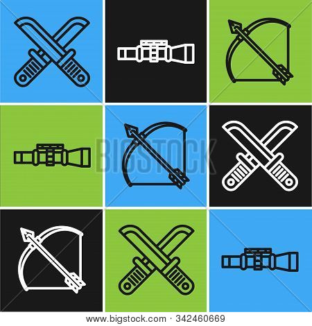 Set Line Crossed Hunter Knife, Bow And Arrow In Quiver And Sniper Optical Sight Icon. Vector