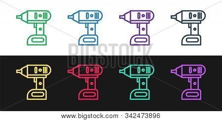 Set Line Electric Cordless Screwdriver Icon Isolated On Black And White Background. Electric Drill M