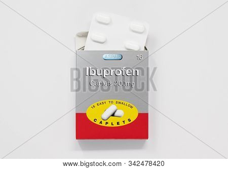 London / Uk - December 29th 2019 - Packet Of Ibuprofen Painkillers And Blister Pack, 200mg From Aspa