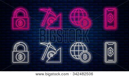 Set Line Cryptocurrency Cloud Mining, Globe And Cryptocurrency Coin Bitcoin, Lock With Bitcoin And P