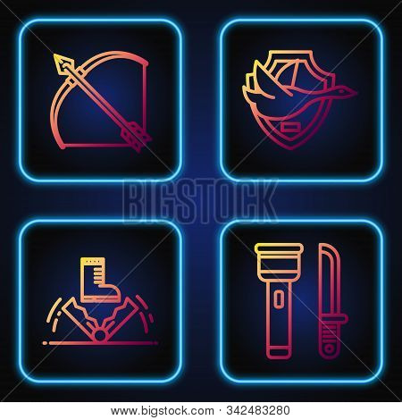 Set Line Flashlight And Knife, Trap Hunting, Bow And Arrow In Quiver And Flying Duck On Shield. Grad