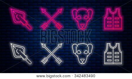 Set Line Crossed Arrows, Hunting Dog, Hipster Arrow Tip And Hunting Jacket. Glowing Neon Icon On Bri
