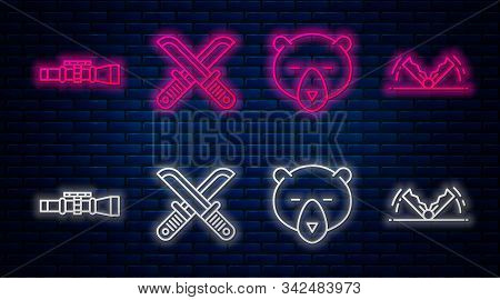 Set Line Crossed Hunter Knife, Bear Head, Sniper Optical Sight And Trap Hunting. Glowing Neon Icon O