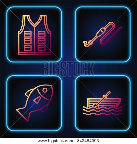 Set Line Fishing Boat With Oars On Water, Fish, Fishing Jacket And Fishing Line With Hook And Float.