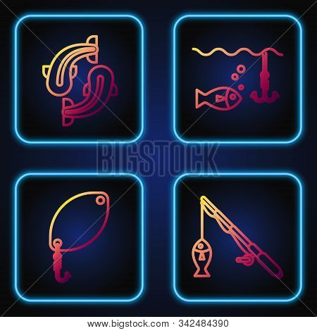 Set Line Fishing Rod And Fish, Fishing Spoon, Fish And Fishing Hook Under Water With Fish. Gradient 