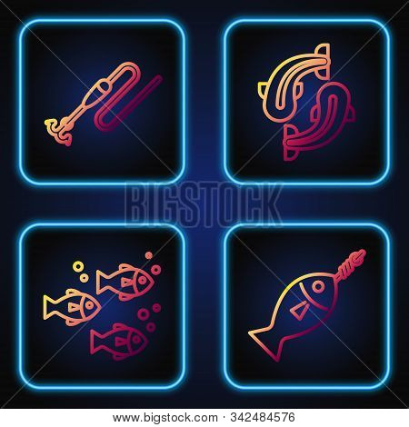 Set Line Fish On Hook, Fish, Fishing Line With Hook And Float And Fish. Gradient Color Icons. Vector