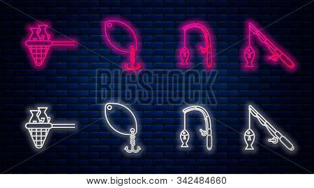 Set Line Fishing Spoon, Fishing Rod And Fish, Fishing Net With Fish And Fishing Rod And Fish. Glowin