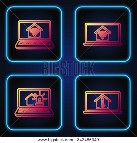 Set Line Laptop With House Temperature, Laptop With Smart House And Alarm, Laptop With Smart Home Wi