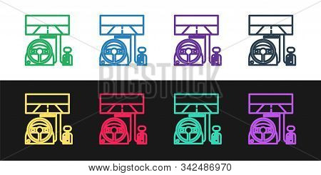 Set Line Racing Simulator Cockpit Icon Isolated On Black And White Background. Gaming Accessory. Gad