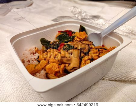 Rice And Vegetables Served In A Plastic Box With Plastic Spoon. Dinner From Local Store. Ready To Ea
