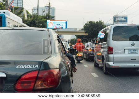 Bangkok, Thailand - September 27, 2019 : Cars On Busy Road In The Bangkok City, Thailand. Many Cars 