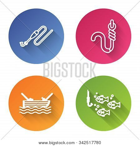 Set Line Fishing Line With Hook And Float, Fishing Hook And Worm, Boat With Fishing Rod On Water And