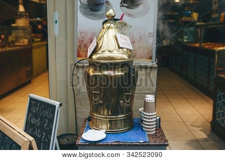 Turkey, Istanbul, December 29, 2019 - Cooking And Selling Traditional Turkish Drink Sahlep Or Salep.