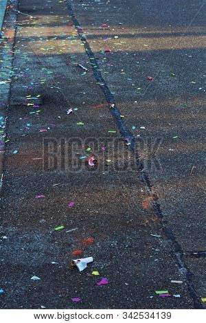 Firework And Celebrating Trash On The Streets. Litter The Day After New Years Eve.