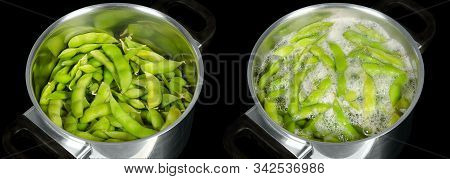 Edamame, Green Soybeans, Maodou, Raw And Boiling In Saltwater, Both In A Metal Pot. Soy Beans, Glyci