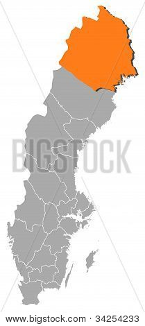 แผนที่ของสวีเดน เขต Norrbotten ที่เน้น