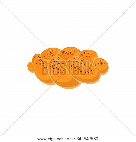 Braided Bread With Poppy Seeds Isolated. Vector Homemade Wicker Pastry Food, Wheat Bun